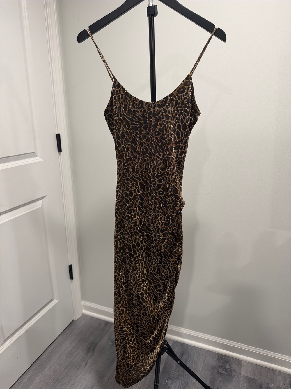 NWOT Brown/black shimmer Animal-Print Maxi Slip Dress with side cut